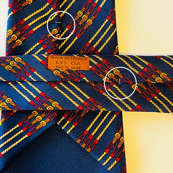 HERMES 695 OA Men’s Neck Tie 100% Silk Vintage France Equestrian Rope Belt Navy - Picture 7 of 7